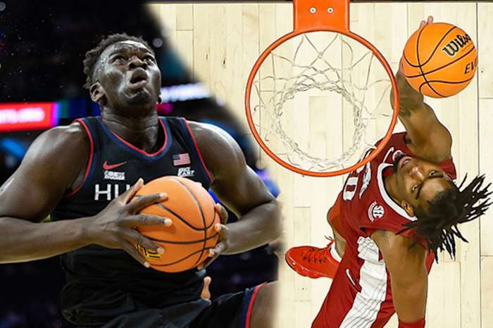 UConn star Adama Sanogo on the left. Arkansas senior Kamani Johnson on the right.